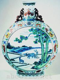 闘彩農耕図扁壺