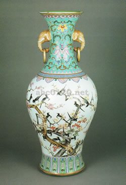 粉彩花鳥図双耳瓶